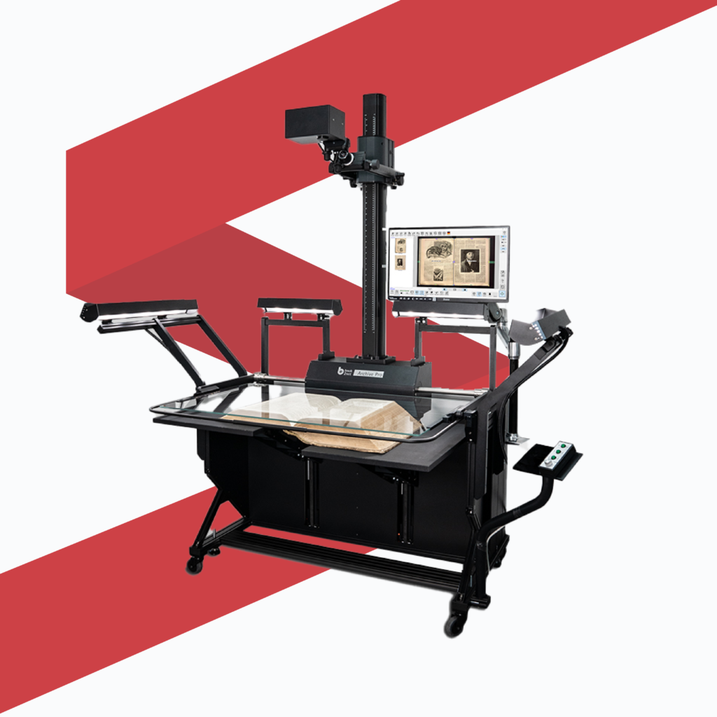 Production scanner with A1+ format for mass digitization, with electronically controlled cradle and pressure glass. Ideal for scanning books, cards, maps and manuscripts, units, and rare artifacts.