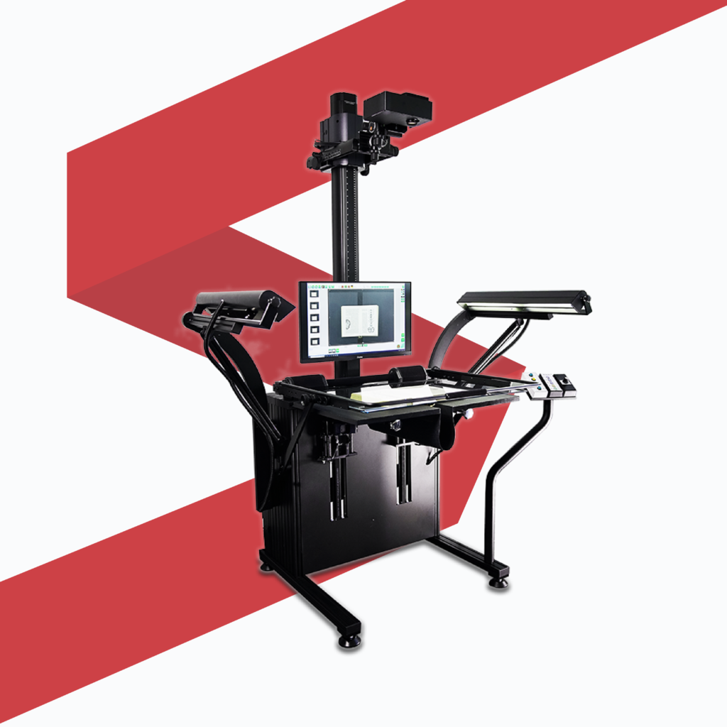 Production scanner with A2+ format for mass digitization, with electronically controlled cradle and pressure glass. Ideal for scanning books, cards, maps and manuscripts, units, and rare artifacts.