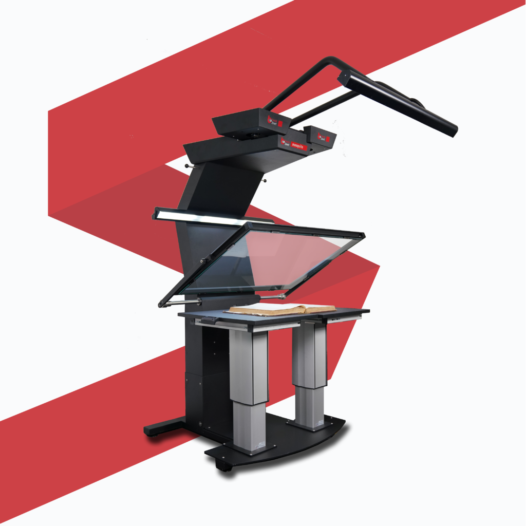 Production scanner with A1+ format for mass digitization, with electronically controlled cradle and pressure glass. The scanner will be perfect for scanning: books, cards, and maps.
