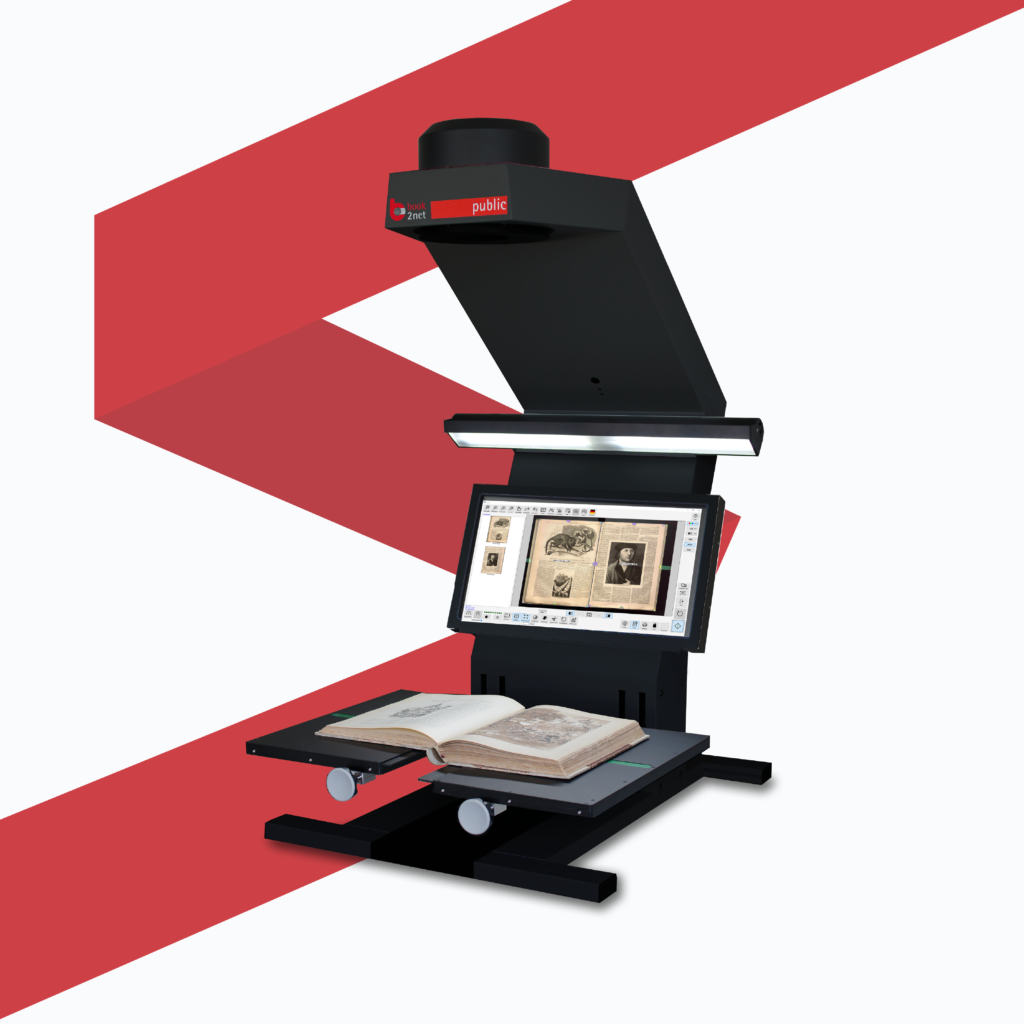Self-service scanner with A2+ format with balancing cradle, optionally with pressure glass. The scanner will be perfect for scanning: books and cards.